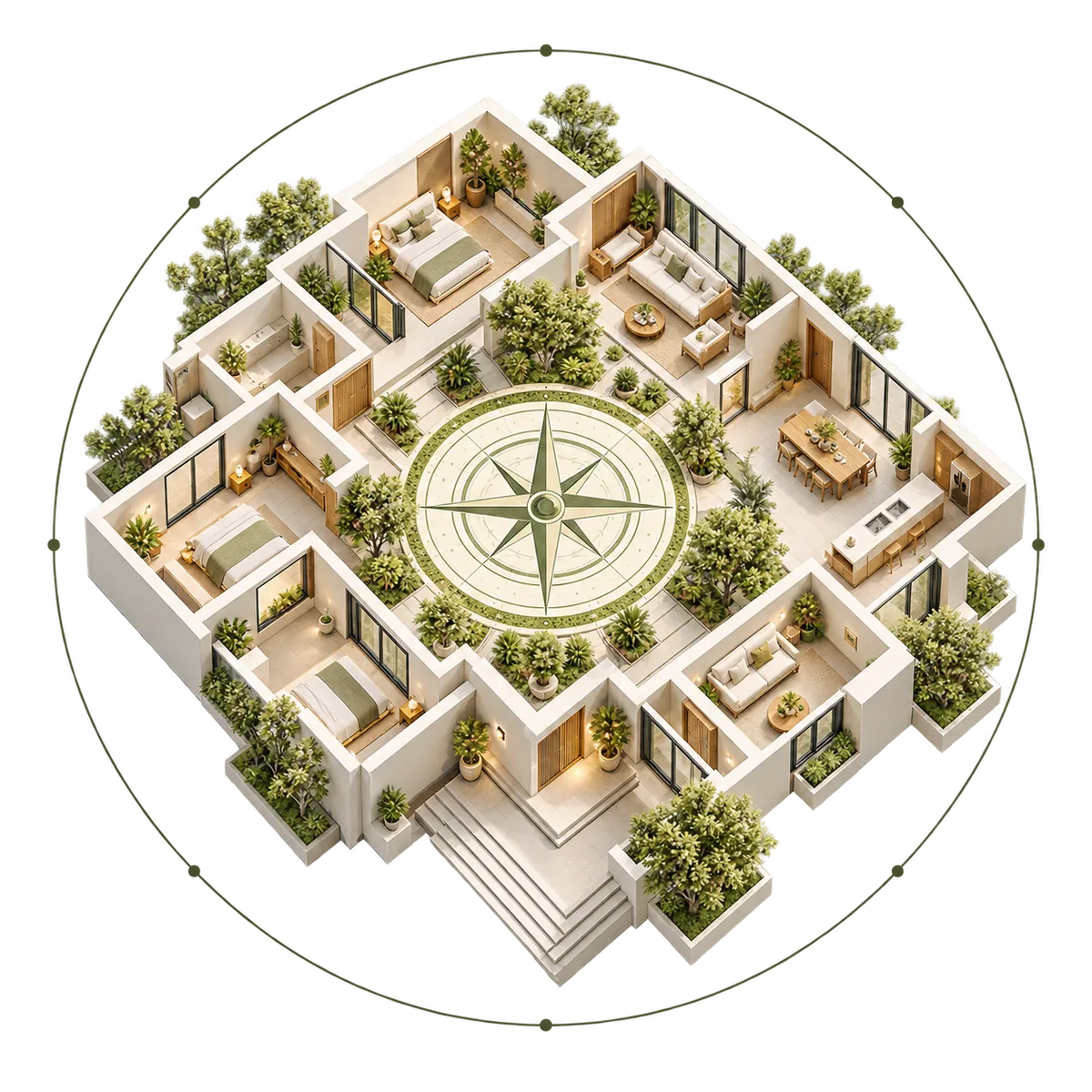 A conceptual roofless home model with a planted courtyard and a Vastu compass motif.