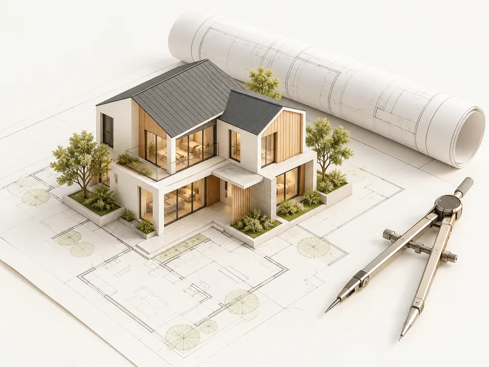 A miniature home on architectural drawings beside a drafting compass.