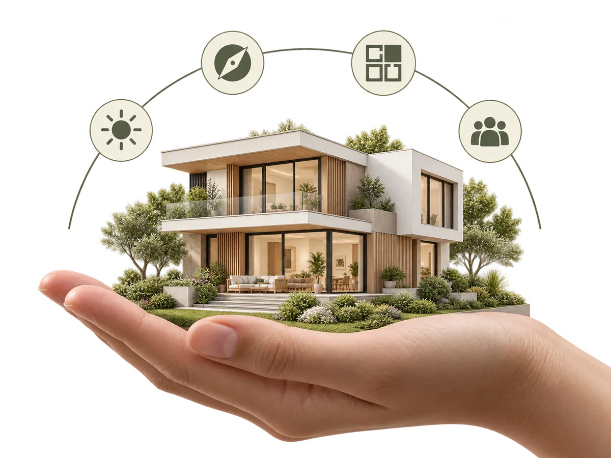 A miniature contemporary home held in an open hand, framed by symbols for light, orientation, layout and people.