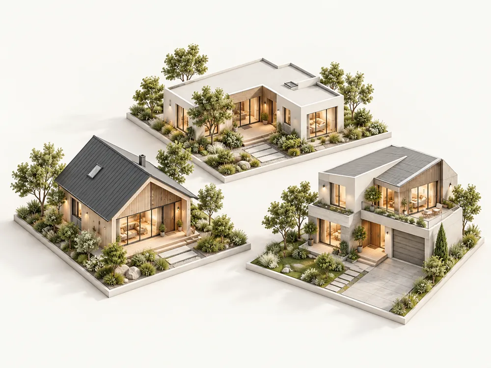 Three miniature homes illustrating different property choices.
